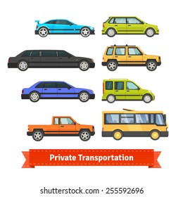 Private transportation. Set of various cars and vehicles. Coupe, limo, sedan, hatchback, SUV, pickup and bus. Flat style illustration or icon. EPS 10 vector.