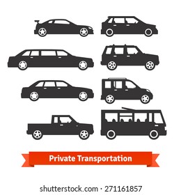 Private transportation. Set of various cars and vehicles icons.