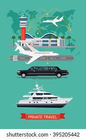 Private travel flat vector, abstract world map background. Executive airport terminal, private jet, limo vehicle and luxury yacht. Luxury flight, private airplane, exclusive service, premium travel