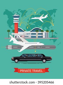 Private travel flat vector with abstract world map background. Executive airport terminal, private jet and limo vehicle. Luxury flight, private airplane, exclusive service, premium travel