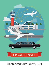 Private travel flat vector concept design. Executive airport terminal with private jet and limo vehicle. Luxury flight, private airplane, exclusive service, premium travel illustration