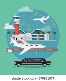 Private Travel Flat Vector Concept Design. Executive Airport Terminal With Private Jet And Limo Vehicle. Luxury Flight, Private Airplane, Exclusive Service, Premium Travel Illustration