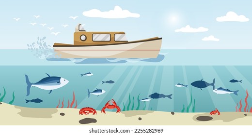 Private travel yacht in ocean with blue water. Cartoon sea boat and many different fish and crabs under water seabed. Underwater world with tuna, sardine, salmon in sandy seascape. Vector illustration
