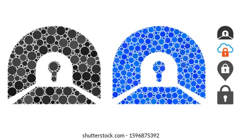 Private tunnel mosaic of round dots in various sizes and color tones, based on private tunnel icon. Vector round elements are united into blue mosaic.