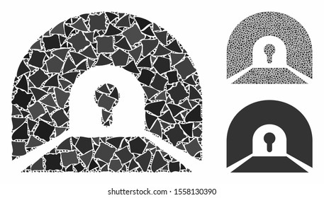 Private tunnel mosaic of unequal elements in variable sizes and color tints, based on private tunnel icon. Vector unequal parts are composed into mosaic.