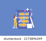private tutoring, courses, training in math lessons. learn and understand about mathematics. a teacher explains and teaches how to count using an abacus. education. flat cartoon illustration. concept