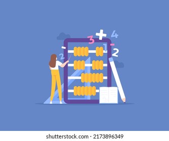 private tutoring, courses, training in math lessons. learn and understand about mathematics. a teacher explains and teaches how to count using an abacus. education. flat cartoon illustration. concept