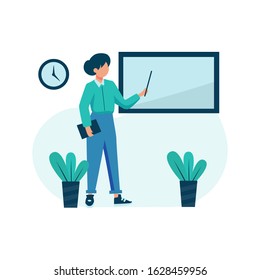 Private tutors teach in front of students explaining material and discussing vector illustration, suitable for landing page, ui, website, mobile app, editorial, poster, flyer, article, and banner
