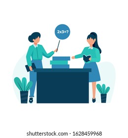 Private tutors teach in front of students explaining material and discussing vector illustration, suitable for landing page, ui, website, mobile app, editorial, poster, flyer, article, and banner