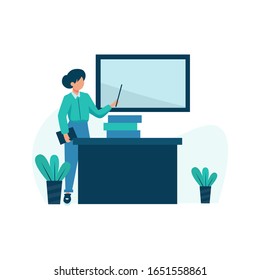 Private tutors teach in front of students explaining material and discussing vector illustration, suitable for landing page, ui, website, mobile app, editorial, poster, flyer, article, and banner