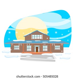 Private two-storey house on a background of the sun, snow, snowdrifts, clouds, icicles, road, sky. Day on the street. Winter in the yard. Country Living. In the flat style. Vector isolated image.