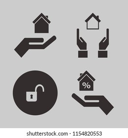 private vector icons set. with hands house, hand house and open lock in set