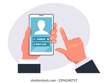 Concepto de pantalla de smartphone con elección de red social privada o pública. Ilustración de diseño gráfico plano vectorial
