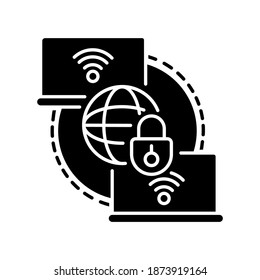 Private WAN black glyph icon. Secure home network. Safe global internet connection for remote office. Connection between laptops. Silhouette symbol on white space. Vector isolated illustration