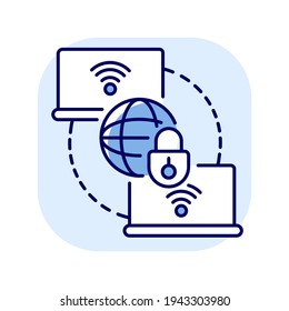Private WAN blue RGB color icon. Secure home network. Safe global internet connection for remote office. Wifi signal for computer. Connection between laptops. Isolated vector illustration