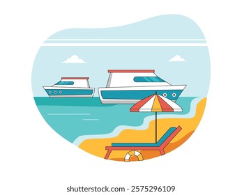 Private yacht, transportation for tourists to vacation in the sea. Character design. Vector flat illustration