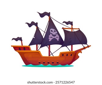 Privateer pirate ancient galleon sail ship. Corsair old galleon vessel. Pirate ancient frigate warship isolated vector or filibuster antique caravel sailboat with Jolly Roger skull on black sails