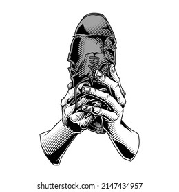 "Privation". Vector illustration of hands holding Ripped old shoe in engraving technique.