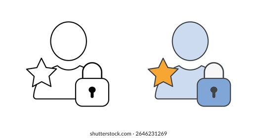Privileged user account icon with user, star, and lock, in outline and color styles, ideal for illustrating high-level account access, administrator roles, and secure IT permission management.