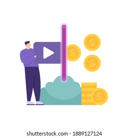 a prize advertising concept, raise money by watching videos. the male illustration inserts the video symbol into the portal and converts it into a coin. flat style. vector design element