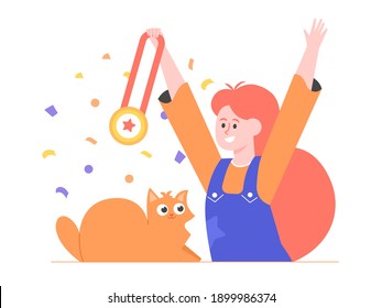 Prize, award, girl owner and pet celebrating success. Ginger cat winning first prize, gold medal. Pet show, competition, contest. Vector flat illustration.