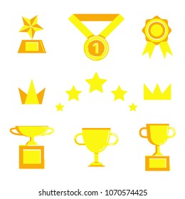 Prize and award icon set. Stock vector illustration of stars, trophy, cup for winning in sport and other competition. Flat style