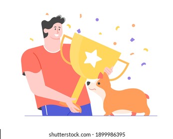Prize, Award, Owner And Pet Celebrating Success. Corgi Dog Winning First Prize. Dog Show, Competition, Contest. Vector Flat Illustration.