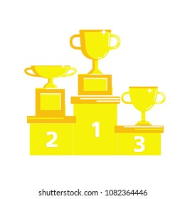Prize and award. Stock vector illustration of trophy, cup standing on a pedestal symbolising a winner, second and third place in sport and other competition. Flat dtyle