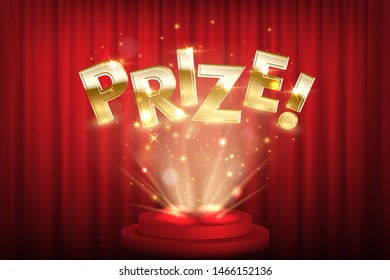 Prize, award win vector 3D word banner. Winner achievement celebration poster. Lettering with golden sparkling light. Shiny game, event victory realistic text on red curtain backdrop and podium