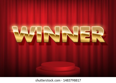 Prize, award win vector 3D word concept banner. Winner achievement celebration poster. Shiny game, event victory realistic text on red curtain backdrop and podium