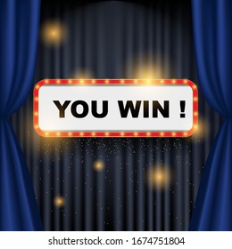 Prize, award win vector 3D word concept banner. Winner achievement celebration poster. Shiny game, event victory realistic text on blue curtain backdrop 