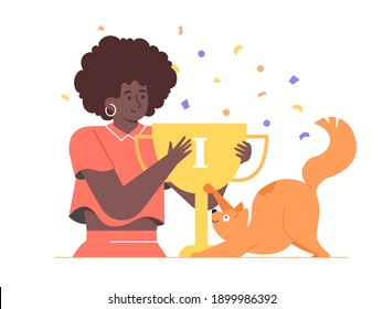 Prize, award, woman owner and pet celebrating success. Ginger cat winning first prize, gold cup. Pet show, competition, contest. Vector flat illustration.