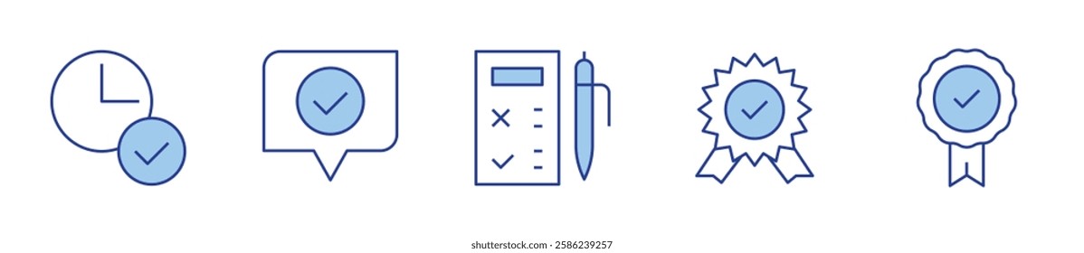 prize, badge, time, good, customer satisfaction. Checkmark Icon vector illustration. Line Duotone style. Editable stroke.