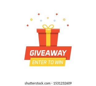 Prize box with fireworks and confetti. Giveaway, Enter to win design. Vector illustration for promotions, social media, marketing