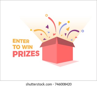 Prize box opening and exploding with fireworks and confetti. Enter to win prizes design. Vector illustration