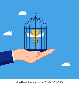 Prize control. Restrict or lock trophies in the birdcage. business and investment concept