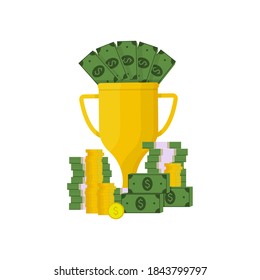 Prize cup with dollars inside, a lot of money, bills, coins nearby. Vector illustration, flat cartoon color minimal design isolated on white background, eps 10.
