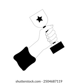 Prize cup in hand. Winner trophy cup. Line art hand drawn black and white vector illustration isolated on white background