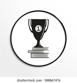 Prize cup on the books. Conditional symbol. Vector icon.