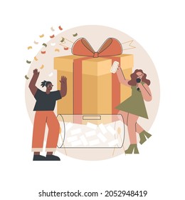 Premiar dibujar un concepto abstracto de ilustración vectorial. Ganador de grandes premios, sorteo al azar en línea, marketing promocional, juego publicitario de marca, reglas y condiciones, los compradores recompensan metáforas abstractas.