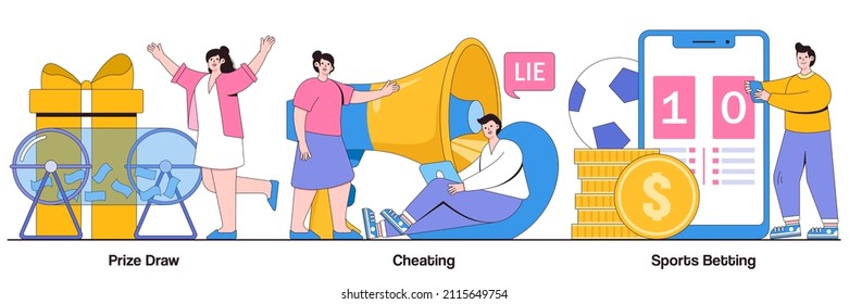 Prize Draw, Cheating, Sports Betting Concept With Tiny People. Internet Gambling Problem Abstract Vector Illustration Set. Lottery Awards Raffle, Unfair Victory And Fraud Metaphor.