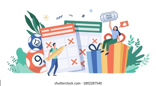 Prize Draw Concept. People Winning Lottery, Getting Gift Box, Drawing Crosses On Tickets, Celebrating Win. Vector Illustration For Lucky People, Lottery Winners, Random Draw Topics