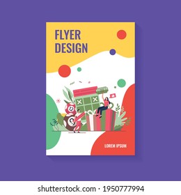 Prize draw concept. People winning lottery, getting gift box, drawing crosses on tickets, celebrating win. Vector illustration for lucky people, lottery winners, random draw topics