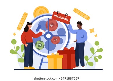 Prize draw, lottery gambling game for chance to win gifts. Tiny people roll drum machine to select random ball with number of winner, play for cash coins with raffle wheel cartoon vector illustration