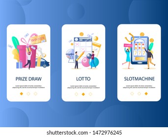 Prize draw, Lotto, Slot machine mobile app onboarding screens. Menu banner vector template for website and application development. Gambling industry concept.