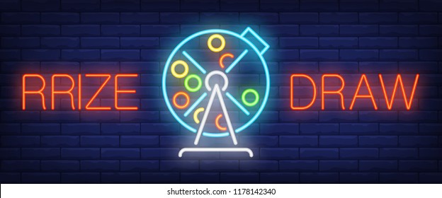 Prize Draw Neon Sign. Lotto Machine With Balls Inside On Brick Wall Background. Vector Illustration In Neon Style For Game Of Chance