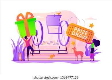 Prize draw, online random draw, promotional marketing and winning the lottery concept. Vector isolated concept illustration with tiny people and floral elements. Hero image for website.