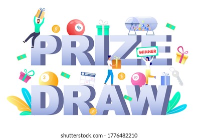 Prize draw typography vector banner template. Raffle drum, lottery ticket, balls, man giving gift box to happy woman winning prize draw.