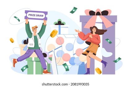 Prize Draw Vector Flat Illustration. Lucky Girl Winning Prizes Gift Box And Money Prize In Gambling Game. Happy Winner Woman Near Raffle Drum With Lottery Balls. Luck Or Fortune Concept With Character