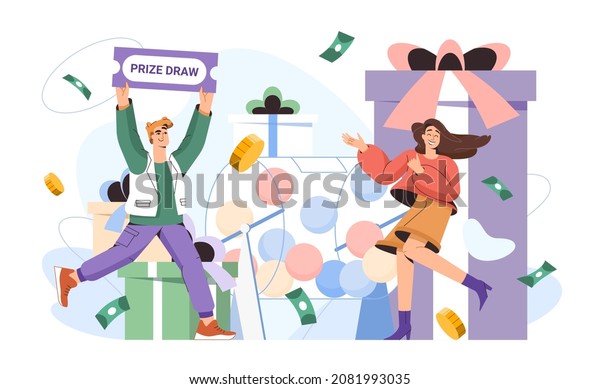 Prize draw vector flat illustration. Lucky girl\
winning prizes gift box and money prize in gambling game. Happy\
winner woman near raffle drum with lottery balls. Luck or fortune\
concept with character